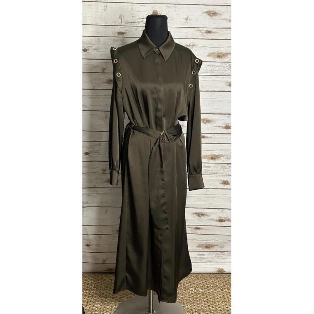 Zara olive green satin grommet detail belted Ring Trim maxi shirtdress Size M - Picture 7 of 13